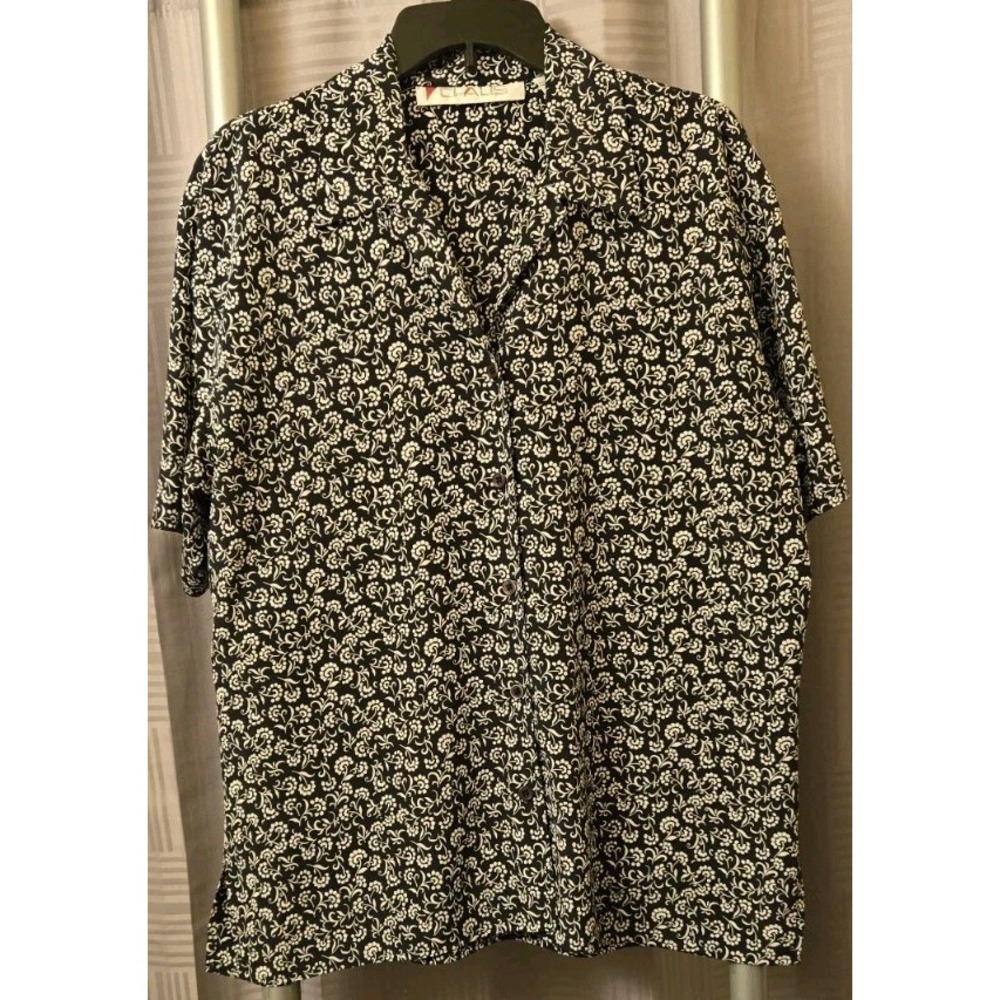 Chaus Sz 10 Women Black & White Floral V-Neck Blouse Collared Neck Short Sleeve‎